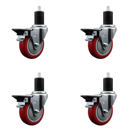 Service Caster 4'' Red Poly Swivel 1-3/4'' Expanding Stem Caster Set with Brake, 4PK SCC-EX20S414-PPUB-RED-PLB-134-4